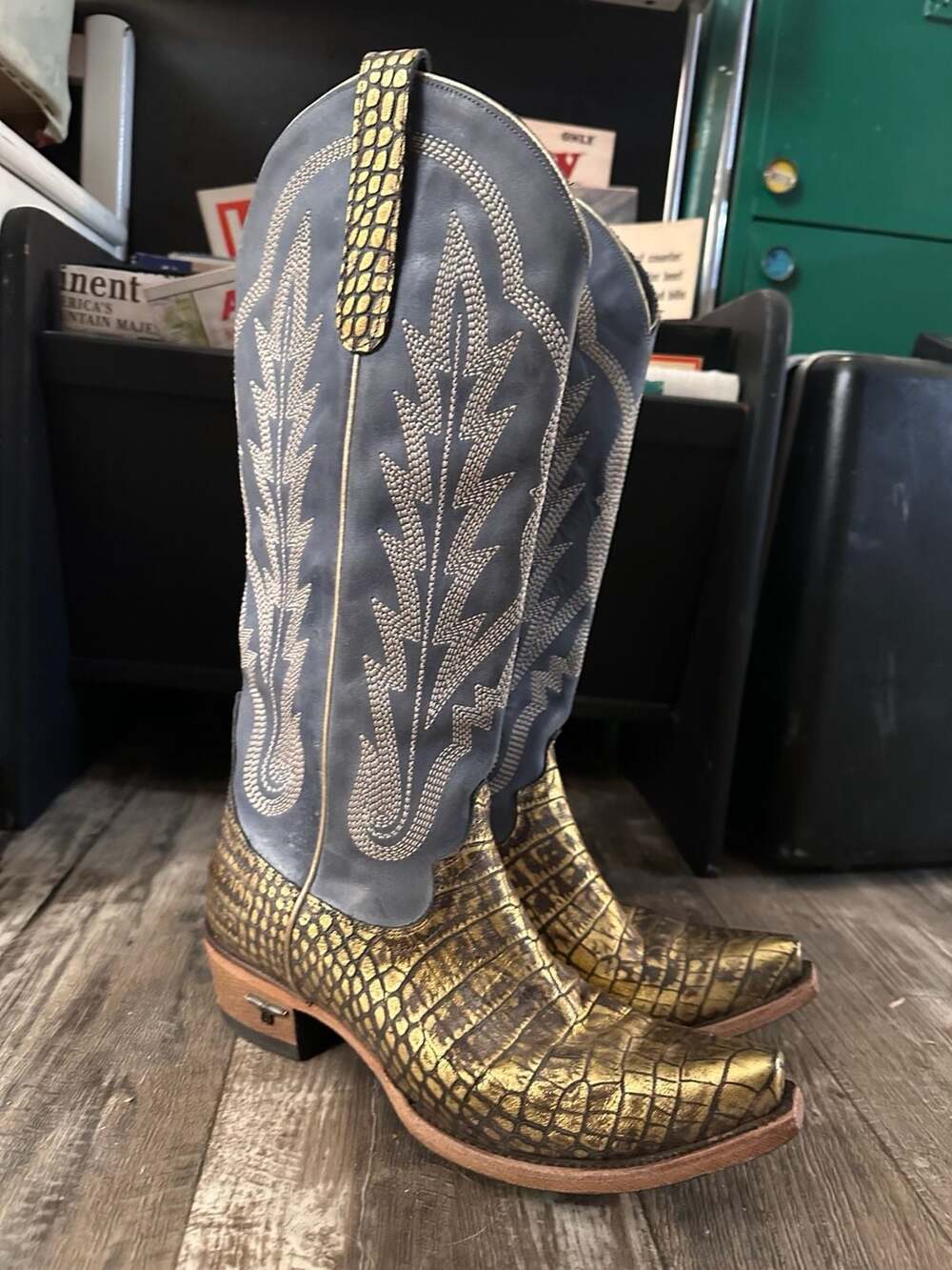 Lane Boots Robin Metallic Gold Croc & Blue Tall Cowboy Boots Size 7.5